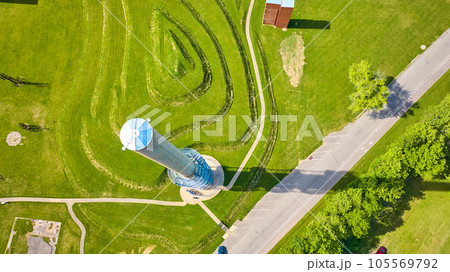 Aerial from above Rastin Observation Tower with tiered hills drone view 105569792