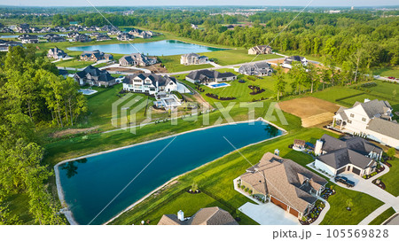 Ponds rich neighborhood landscaping mansions aerial 105569828