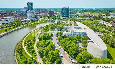 Aerial Center of Science and Industry with Columbus Ohio city and Scioto River 105569834