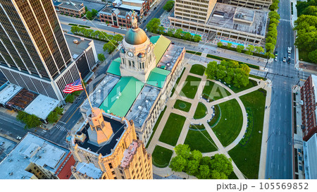 Courthouse Fort Wayne downtown with American flag aerial cityscape architecture Courthouse Fort Wayne downtown with American flag aerial cityscape architecture 105569852