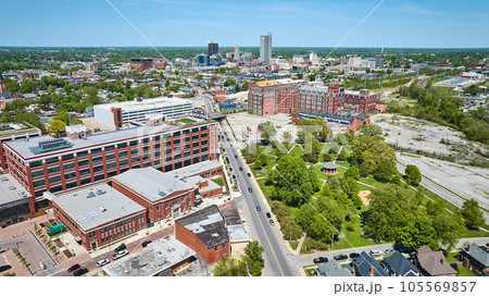 Aerial Electric Work factory refurbished reconstruction downtown Fort Wayne park skyscraper skyline Aerial Electric Work factory refurbished reconstruction downtown Fort Wayne park skyscraper skyline 105569857