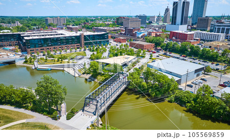 Aerial Wells Street Bridge across St Mary River towards Promenade Park and downtown Fort Wayne Aerial Wells Street Bridge across St Mary River towards Promenade Park and downtown Fort Wayne 105569859