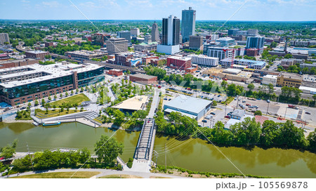 Aerial downtown Fort Wayne Wells St. Bridge to The Landing at Promenade Park with St Mary River 105569878