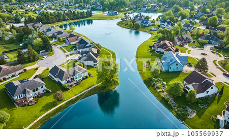 Split neighborhood with large winding pond with fountain and cul-de-sac housing additions aerial Split neighborhood with large winding pond with fountain and cul-de-sac housing additions aerial 105569937