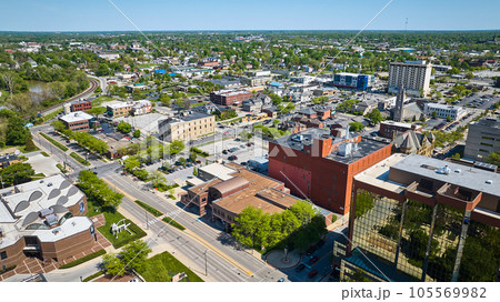 Downtown parking lots, businesses, buildings, housing, churches, architecture aerial 105569982