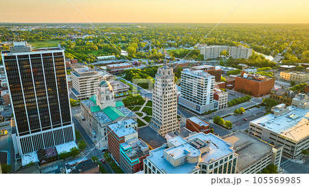 Fort Wayne IN USA cityscape landscape skyscrapers downtown courthouse sunrise green tree skyline 105569985
