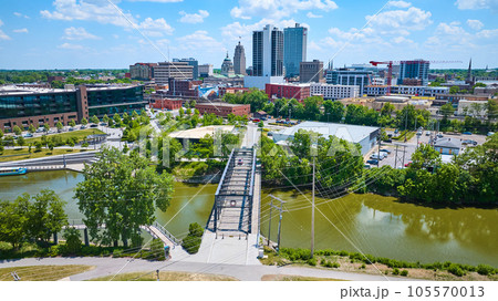 Aerial Downtown Fort Wayne Wells Street Bridge with walking path to Promenade Park Aerial Downtown Fort Wayne Wells Street Bridge with walking path to Promenade Park 105570013