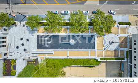 Fountain downward aerial drone shot with landscaping in Columbus Ohio Fountain downward aerial drone shot with landscaping in Columbus Ohio 105570112