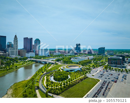 Aerial view Columbus Ohio skyscrapers and bridge over river leading to National Veterans Memorial Aerial view Columbus Ohio skyscrapers and bridge over river leading to National Veterans Memorial 105570121