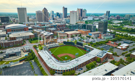 Huntington Park stadium with Columbus Ohio skyscrapers in foreground aerial Huntington Park stadium with Columbus Ohio skyscrapers in foreground aerial 105570141