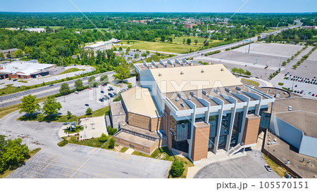 Aerial roof and side view of the Allen County War Memorial Coliseum and distant PFW campus and hotel Aerial roof and side view of the Allen County War Memorial Coliseum and distant PFW campus and hotel 105570151