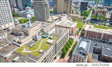 Aerial living roof downtown Columbus Ohio with apartments and skyscrapers 105570260