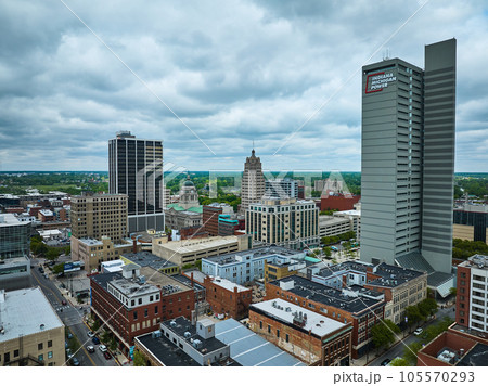 Industrial aerial shot downtown Fort Wayne capturing main skyscrapers 105570293