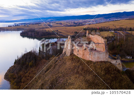 Aerial view of ruined Czorsztyn Castle, Poland Aerial view of ruined Czorsztyn Castle, Poland 105570428