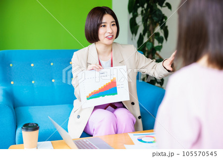 オフィスで資料を使って説明する女性 オフィスで資料を使って説明する女性 105570545