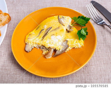 Homemade breakfast or brunch meal - Tasty mushroom omlette on plate, overhead view. 105570585