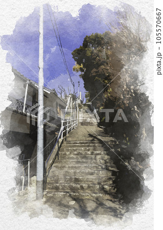 水彩画風　八幡神社　参道　岡山県倉敷市 105570667