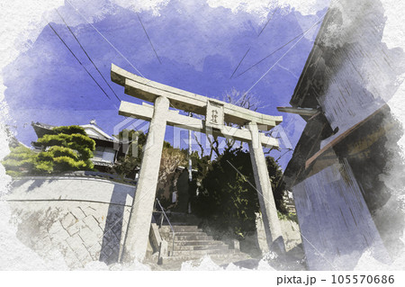 水彩画風　八幡神社　鳥居　岡山県倉敷市 105570686