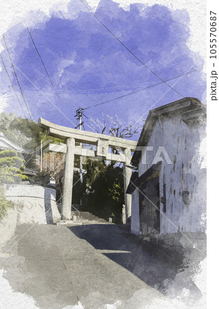 水彩画風　八幡神社　鳥居　岡山県倉敷市 105570687