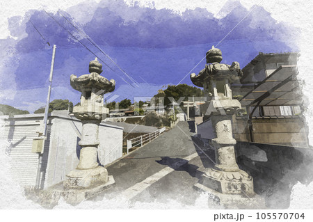 水彩画風　八幡神社　灯籠　岡山県倉敷市 105570704