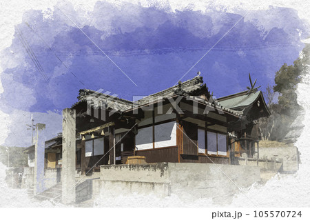 水彩画風　八幡神社　拝殿　岡山県倉敷市 105570724