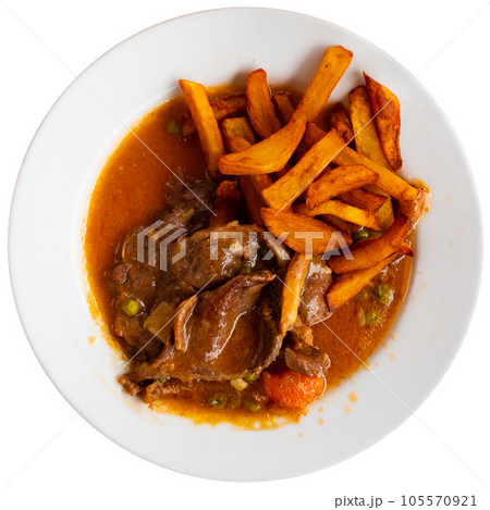 Nice tasty serving of beef stew prepared with potatoes 105570921