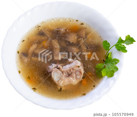Homemade soup with mushrooms, pork, vegetables and pearl barley Homemade soup with mushrooms, pork, vegetables and pearl barley 105570949
