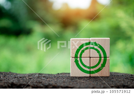 Concepts of waste reduction, pollution, reuse, efficient use of resources. Environmental protection sign by recycling on circular wooden blocks on nature background. Concepts of waste reduction, pollution, reuse, efficient use of resources. Environmental protection sign by recycling on circular wooden blocks on nature background. 105571912