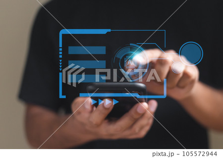 Businessman using smartphone with AI connection network data. 105572944