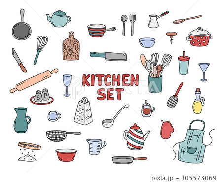 Kitchen doodles vector set of isolated elements. Cute doodle illustrations collection of cooking utensils. Hand drawn kitchenware for home. Colorful outline dishes, cutlery, cookware 105573069