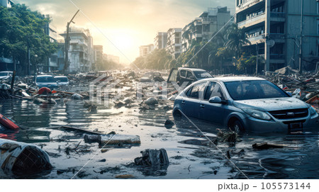 Car on the water in the city. Pollution of environment concept Car on the water in the city. Pollution of environment concept 105573144