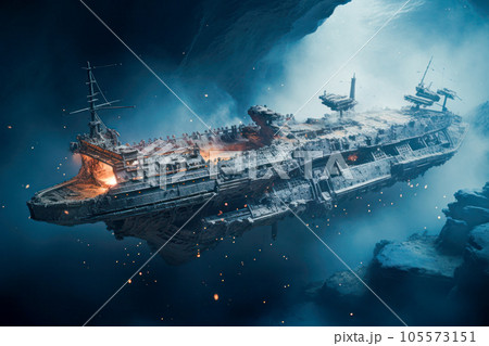 sunken futuristic ship at the bottom of the sea sunken futuristic ship at the bottom of the sea 105573151