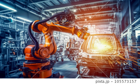 Smart industry robot arms for digital factory production line. Concept of artificial intelligence for industrial revolution and automation manufacturing process 105573157