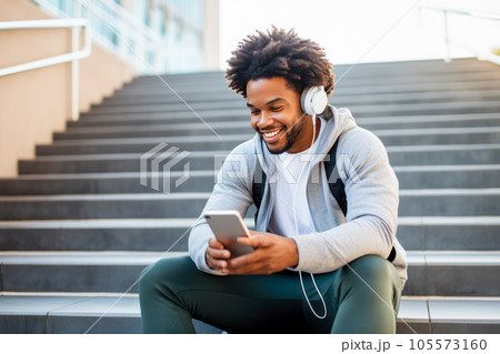 Young african american man listening to music with headphones and mobile phone sitting on stairs 105573160