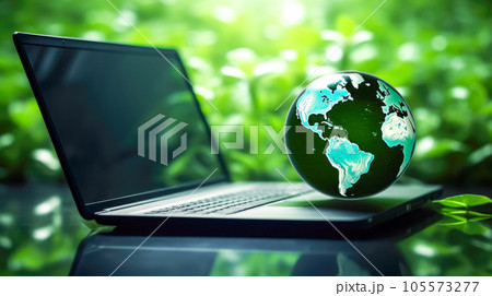 Laptop with green earth globe on nature background. Environment and ecology concept Laptop with green earth globe on nature background. Environment and ecology concept 105573277