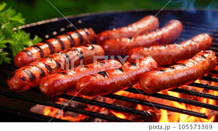 Grilling sausages on barbecue grill with flames, close up 105573369