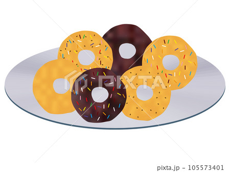 「ドーナツ6種」プレーン  チョコレート  チョコチップ  各カラフル  スチール皿 105573401