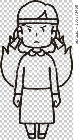 Full-body line drawing illustration of a woman with a flame behind her and a headband facing forward 105573469