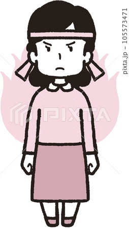 背後に炎を上がらせ正面を向いてハチマキをした女性の全身イラスト 105573471