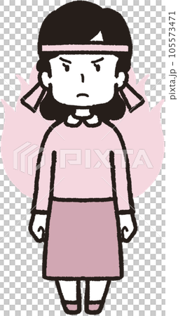 背後に炎を上がらせ正面を向いてハチマキをした女性の全身イラスト 105573471