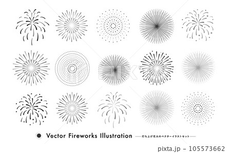 シンプルシルエットのモノトーン打ち上げ花火のベクターイメージコレクション_セットイラスト素材 105573662