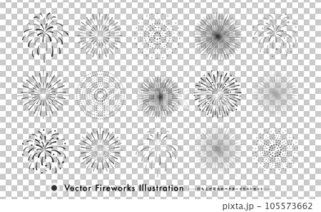 シンプルシルエットのモノトーン打ち上げ花火のベクターイメージコレクション_セットイラスト素材 105573662