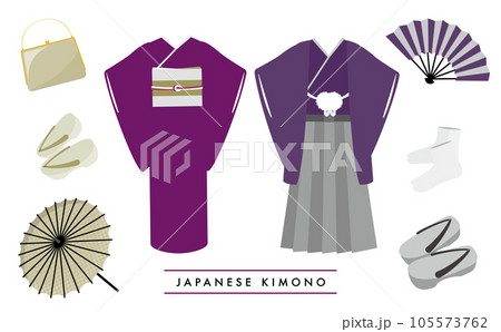 日本の着物・和服や紋付き袴・下駄・和装小物・バック・和傘・足袋などのセットイメージ素材 105573762