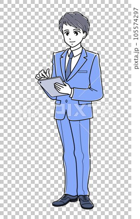 タブレットにタッチして操作するスーツの若い男性(全身・シンプル) タブレットにタッチして操作するスーツの若い男性(全身・シンプル) 105574297