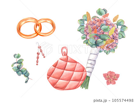 Wedding composition with gold rings, dangle earrings, bridal bouquet and clutch. Wedding rings. Bouquet with hydrangea and eucalyptus. Pearl Earrings . Watercolor illustration isolated on white Wedding composition with gold rings, dangle earrings, bridal bouquet and clutch. Wedding rings. Bouquet with hydrangea and eucalyptus. Pearl Earrings . Watercolor illustration isolated on white 105574498