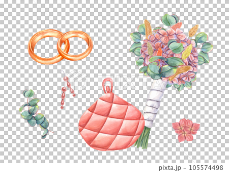 Wedding composition with gold rings, dangle earrings, bridal bouquet and clutch. Wedding rings. Bouquet with hydrangea and eucalyptus. Pearl Earrings . Watercolor illustration isolated on white Wedding composition with gold rings, dangle earrings, bridal bouquet and clutch. Wedding rings. Bouquet with hydrangea and eucalyptus. Pearl Earrings . Watercolor illustration isolated on white 105574498