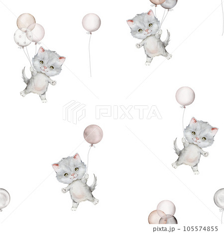 Seamless pattern of little fluffy gray kitten and balloon. Watercolor hand drawn. Scottish fold on light background. Spotted cat. Pet cartoon for kids, posters, stickers, textile. 105574855