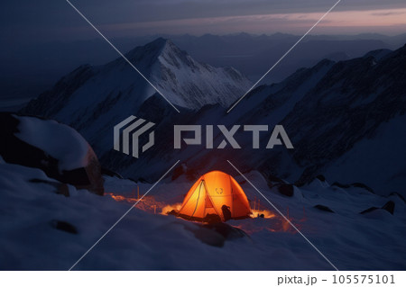 A tent glows under a starry sky in a snowy wilderness at night. Experience the beauty of winter camping. AI Generative 105575101