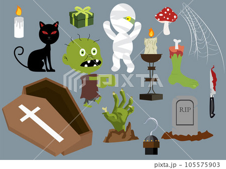 Set Halloween Elements Vector Illustration with Various Kinds of Things like Ghosts, Pumpkins, Skulls, Candies and More Cartoon Background Templates Set Halloween Elements Vector Illustration with Various Kinds of Things like Ghosts, Pumpkins, Skulls, Candies and More Cartoon Background Templates 105575903