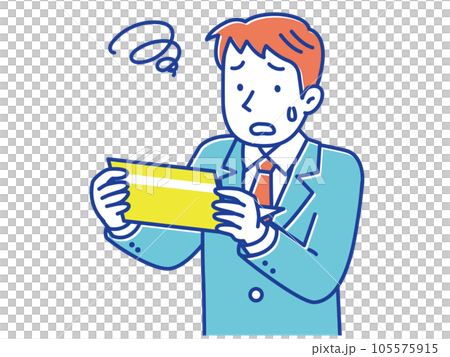 銀行の通帳を見てガックリと肩を落とすスーツ姿の男性 銀行の通帳を見てガックリと肩を落とすスーツ姿の男性 105575915